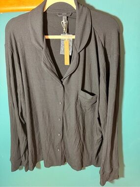 SKIMS Black Ribbed Button-Front Pajama Top
